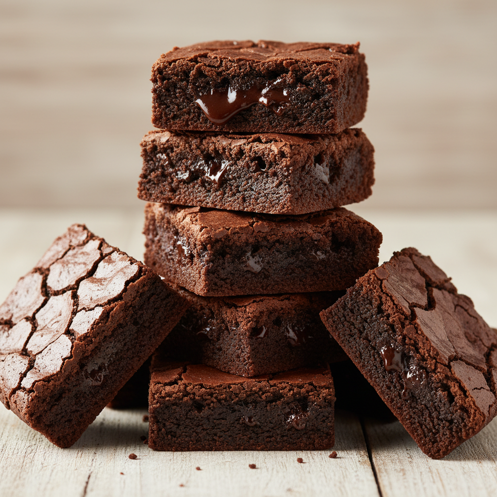 Stack of homemade fudgy brownies with crinkled top and rich dark chocolate interior, warm golden side lighting