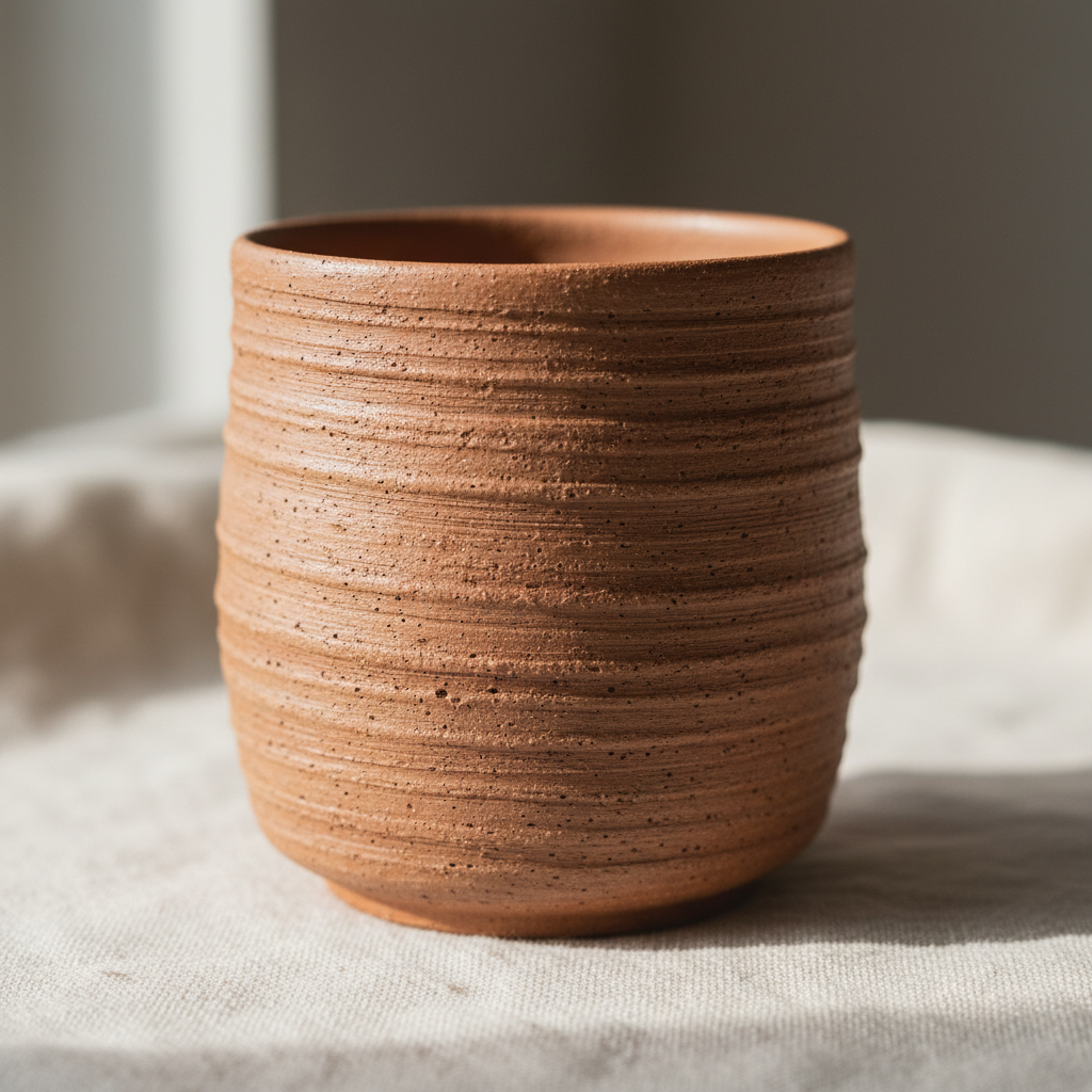 Terracotta yunomi mug with visible throwing lines on a cream linen cloth