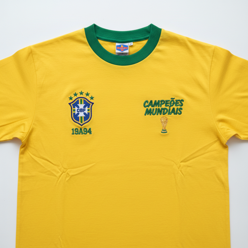 Yellow and green football jersey vintage style, Brazil national team colors, retro sportswear product photo