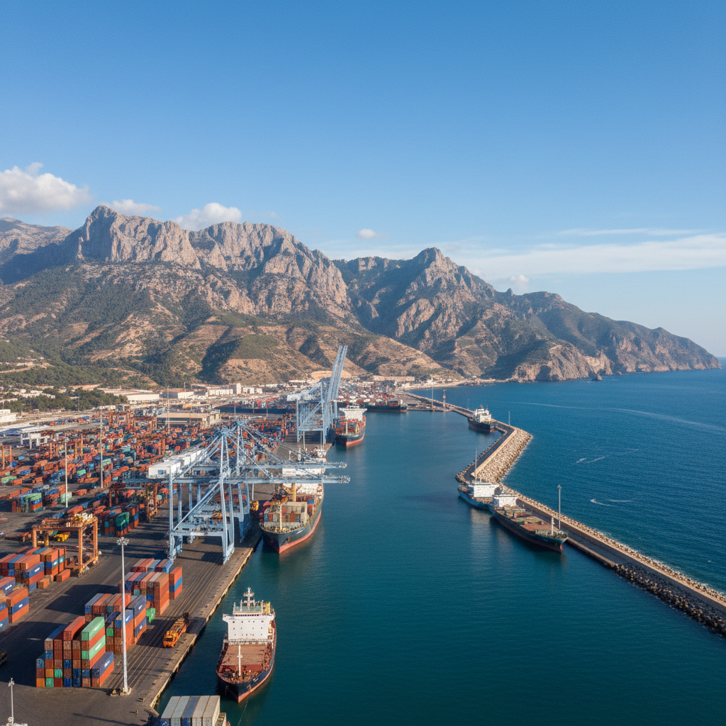 Port de Béjaïa avec la mer Méditerranée bleue et les montagnes de Kabylie en arrière-plan