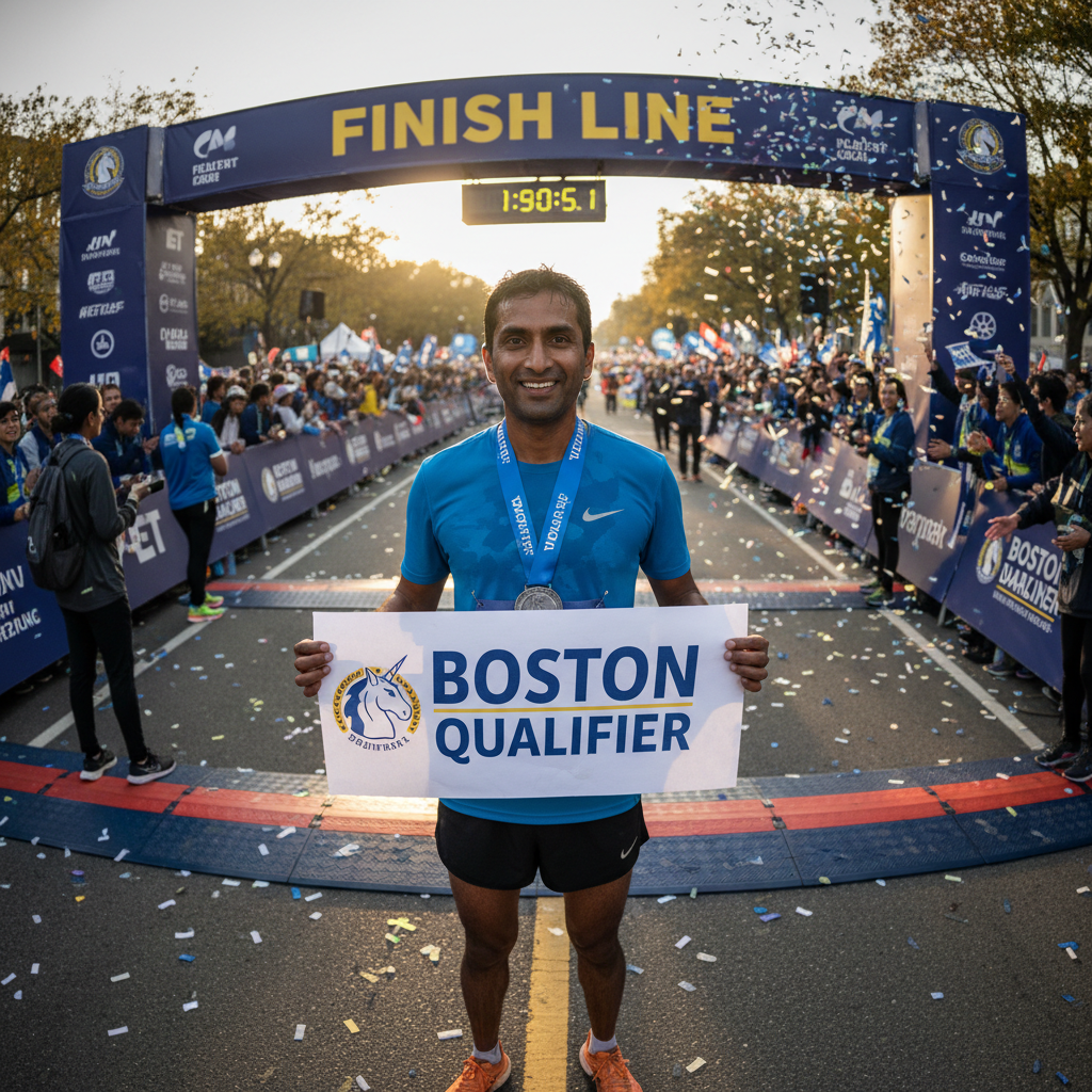 South Asian man in his late 30s holding a Boston Qualifier sign at finish line