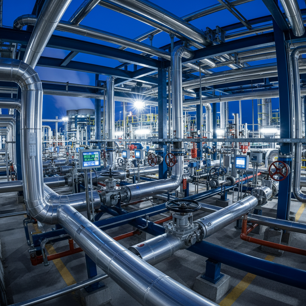 Instrumentos de medición industrial y válvulas en planta de procesamiento, tubería metálica
