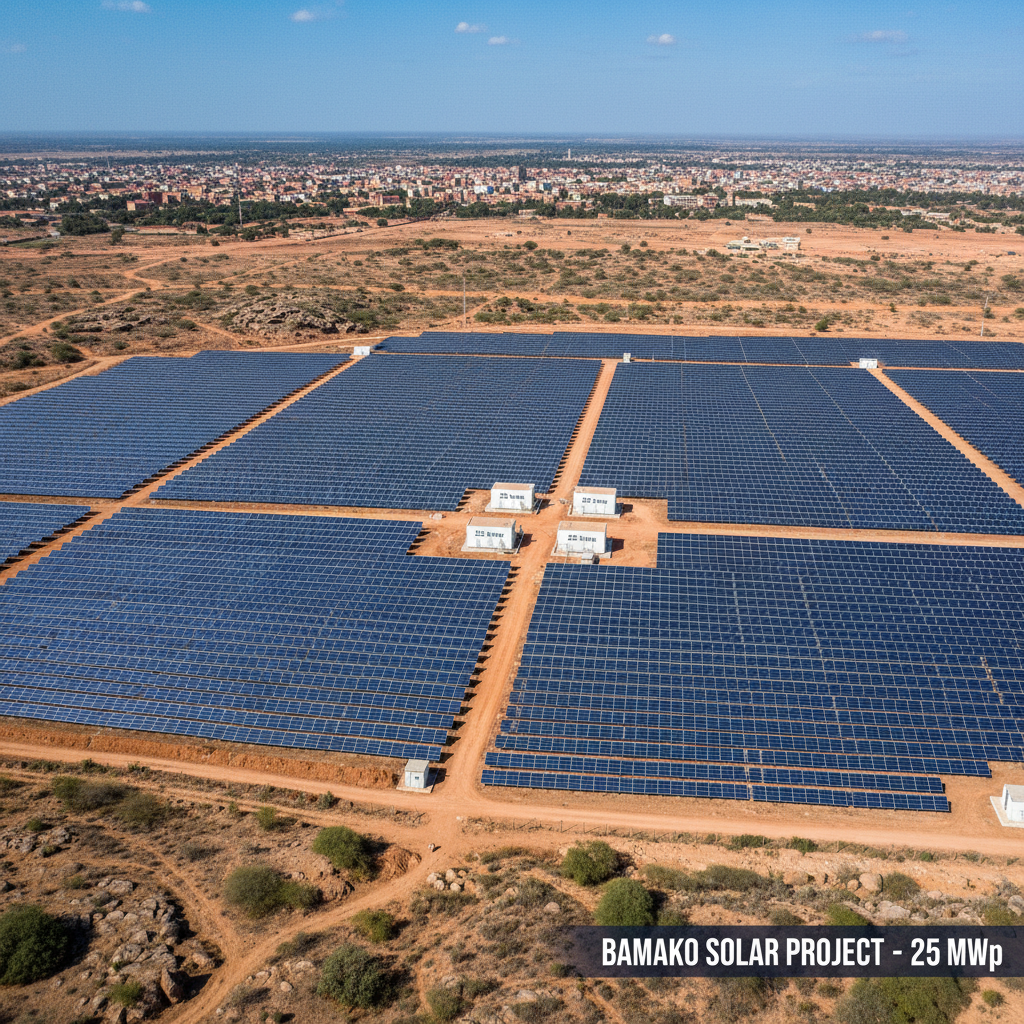 Large industrial solar farm with hundreds of panels, aerial perspective, clear sky, bright outdoor lighting