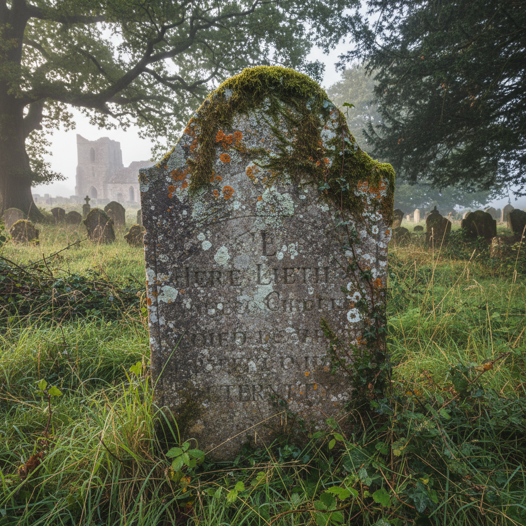 Weathered stone headstone in an overgrown English churchyard, inscription partially legible, lichen covering the corners