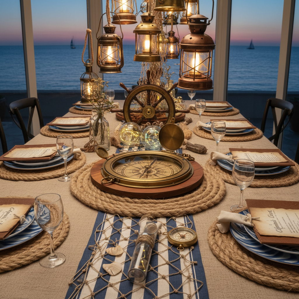 Nautical themed dinner table with compass props, rope details, captain log dossiers, and maritime lanterns