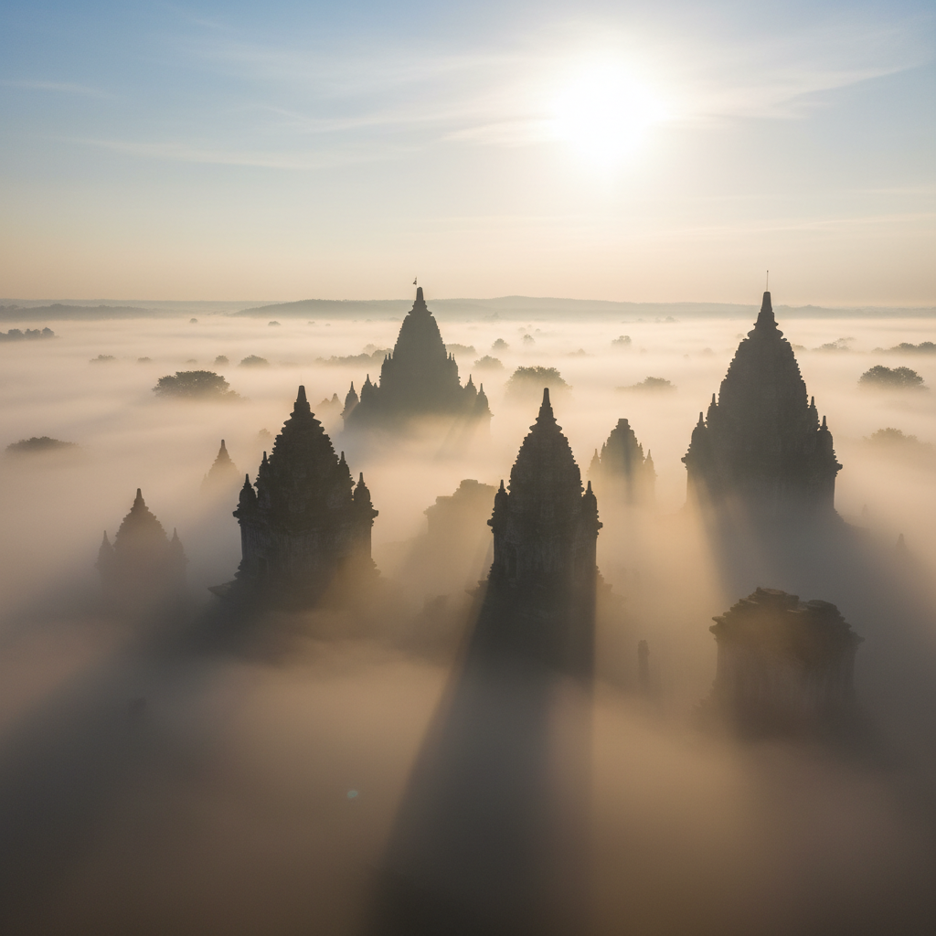 Sacred mountain temple at dawn with warm golden mist, devotional spiritual atmosphere, dim golden light, dark silhouettes