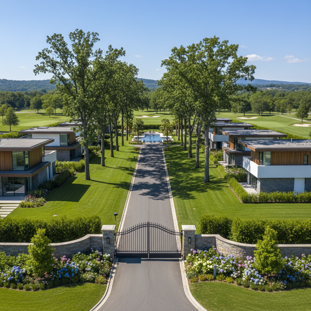 Landscaped gardens and walking paths within the gated community