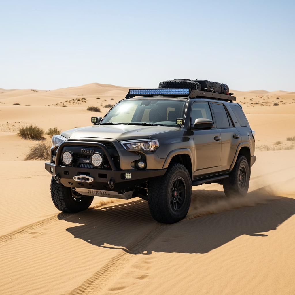 Toyota 4Runner fully built for desert overlanding with bull bar, skid plates, and LED lighting