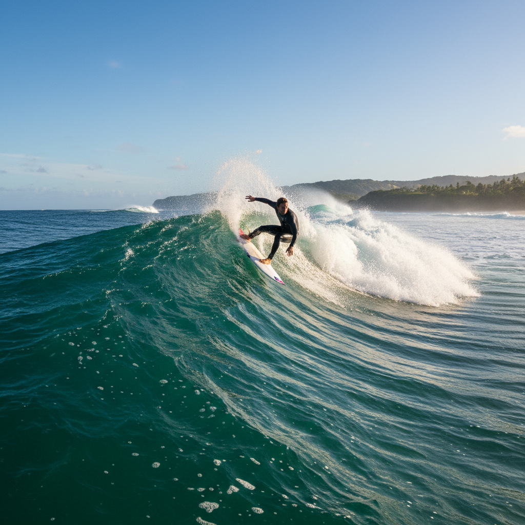 Surfer mid-turn on a green wave face
