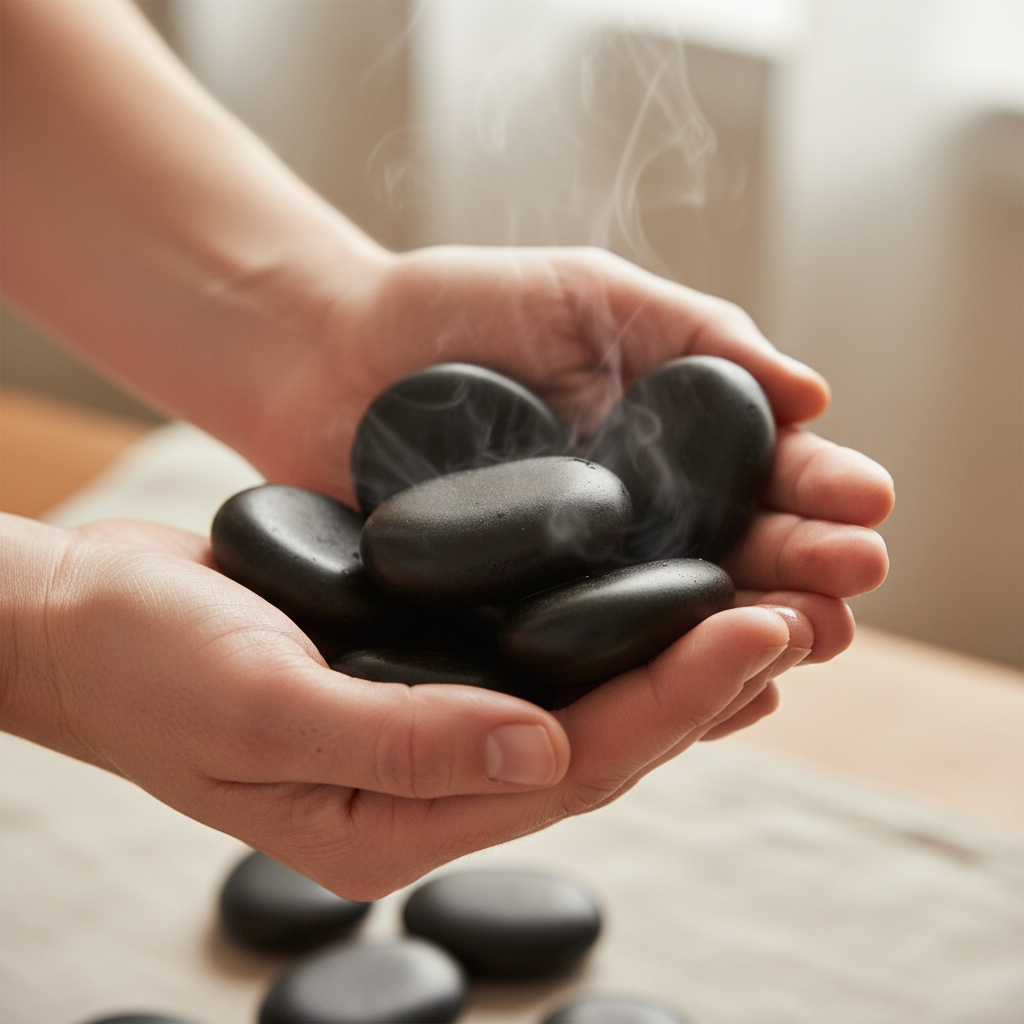 Hands cupping warm stones ready for hot stone massage treatment