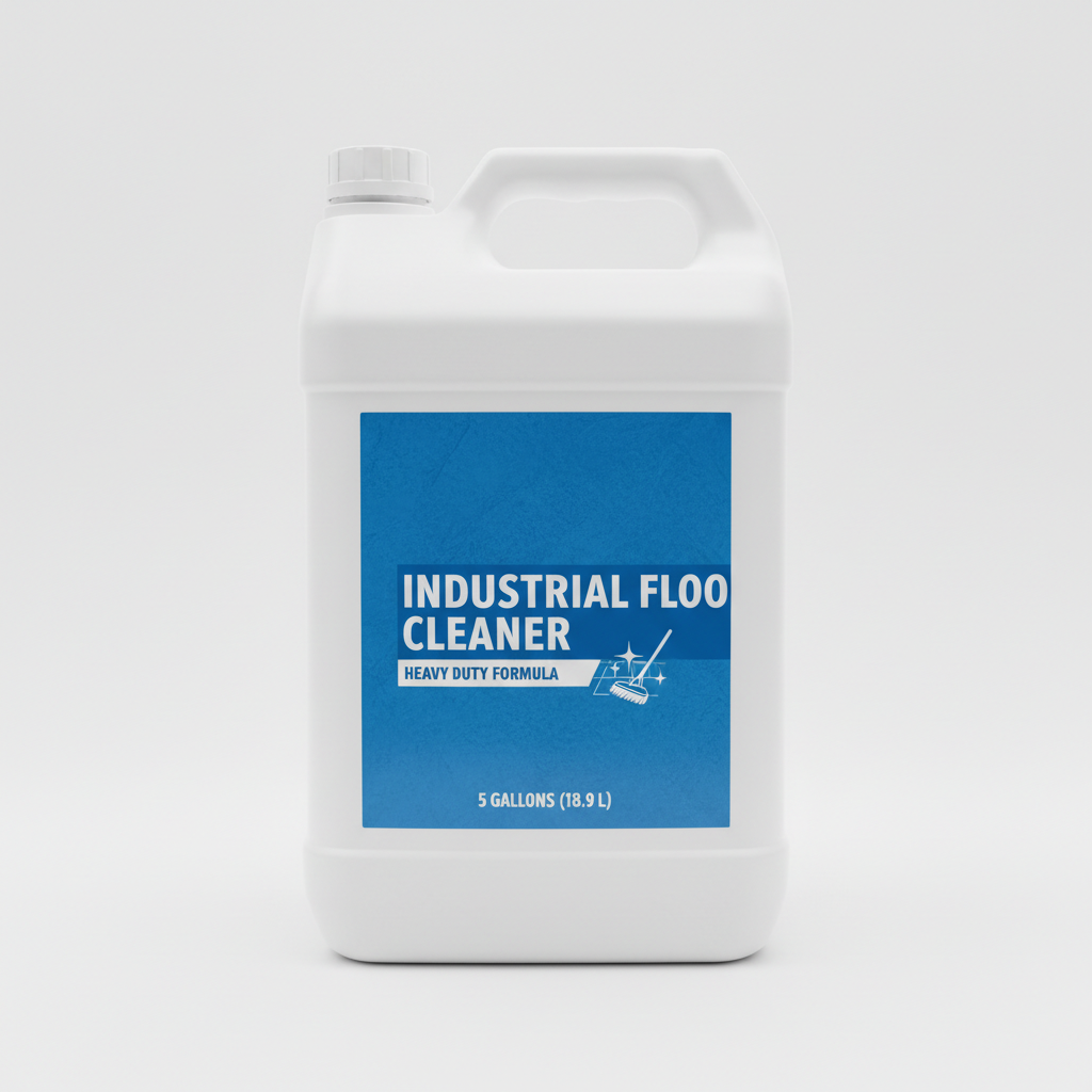 White plastic containers of sodium hypochlorite cleaning solution with safety labels