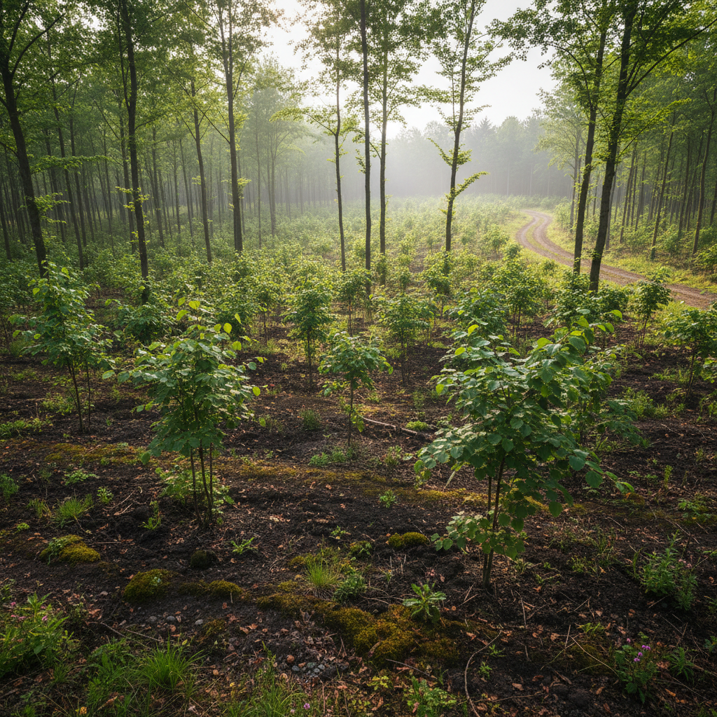 Lush green reforestation area with young trees growing in restored fertile soil