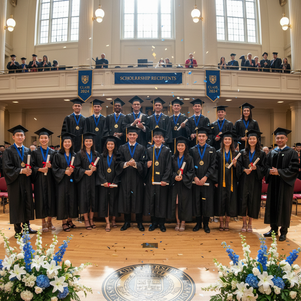 Scholarship award ceremony, young graduates in caps and gowns, proud families in background