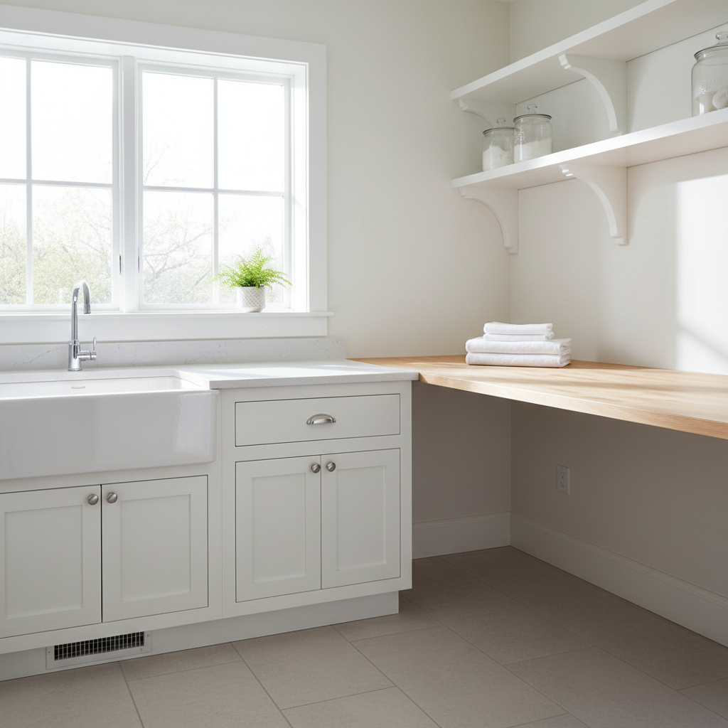 After: spotless bright laundry room with clean utility sink, organized folding surface, and sunlight through a clean window