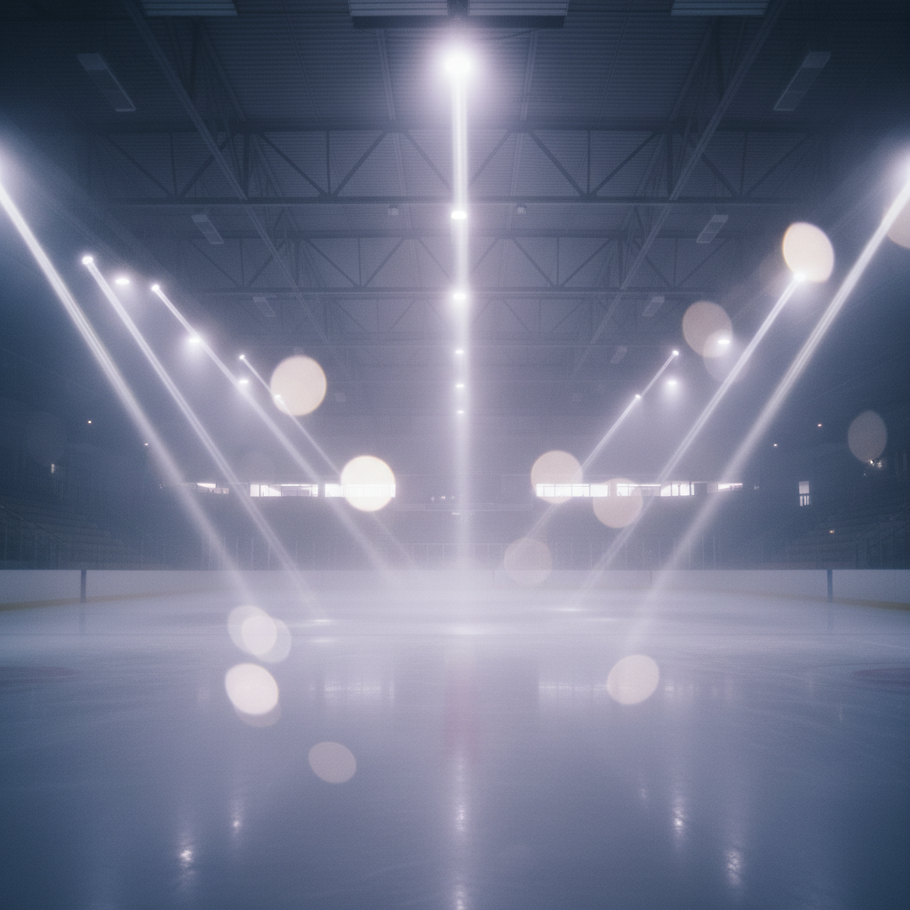Arena ice rink at 5AM with fog on surface and overhead lights creating long streaks of bokeh