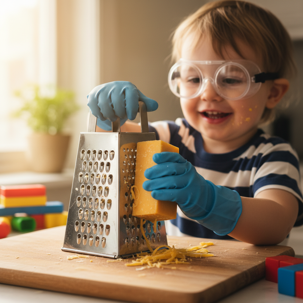 Toddler in safety goggles grating cheese with a box grater, proud smile