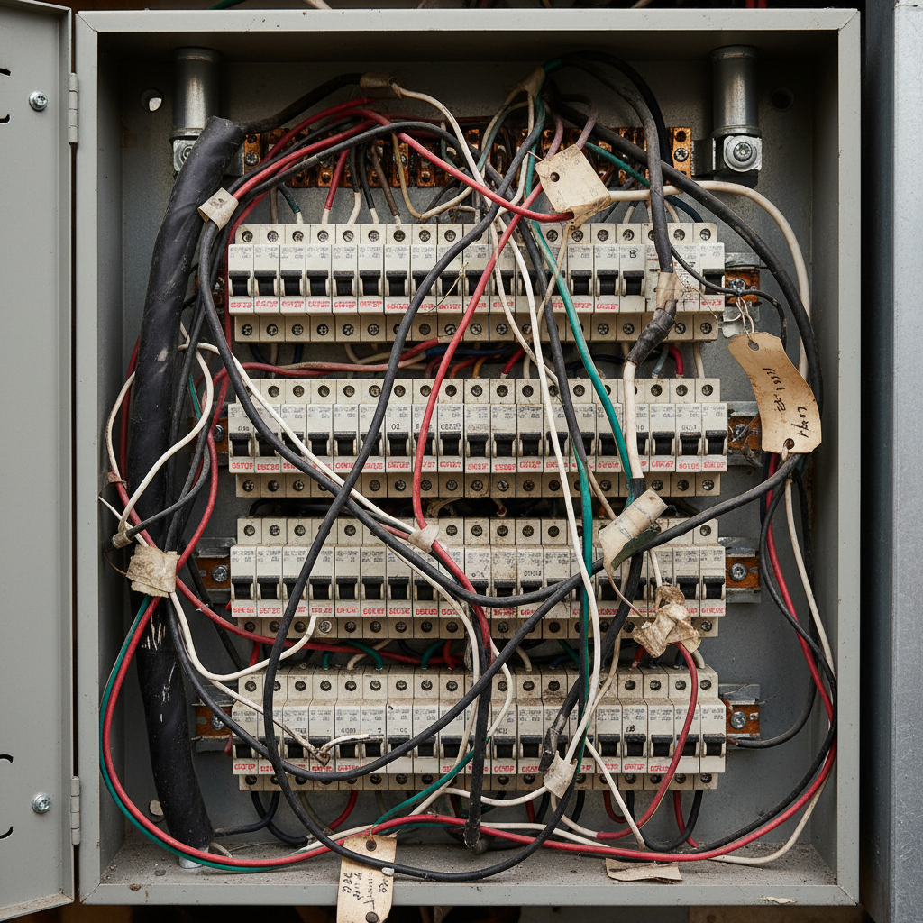 Electrical panel interior showing overcrowded breakers and wiring in need of upgrade
