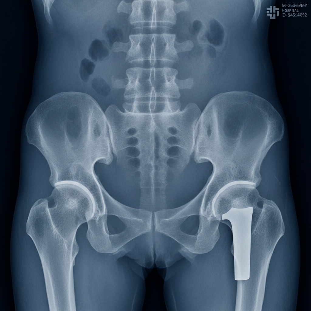 X-ray showing successful titanium hip joint replacement post-surgery