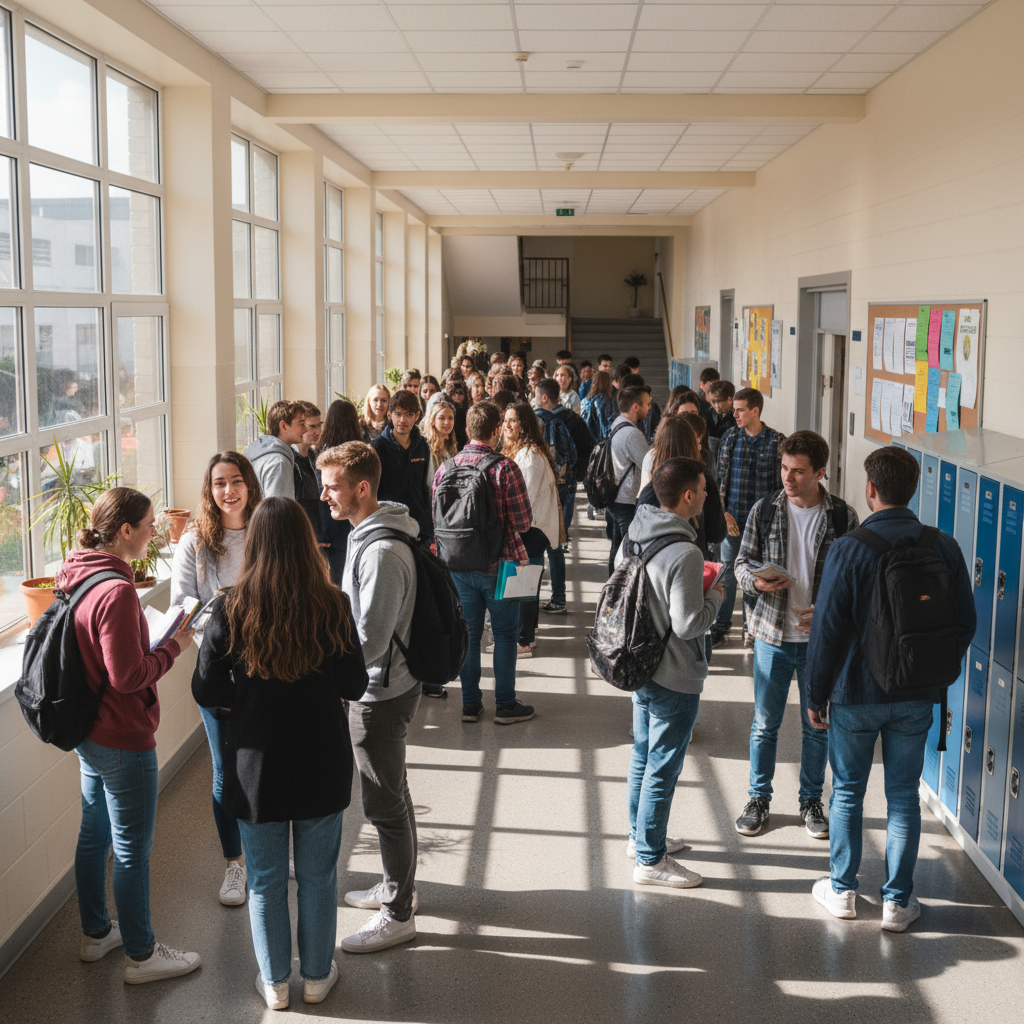 School hallway with lockers and bright natural light streaming through large windows on a sunny day