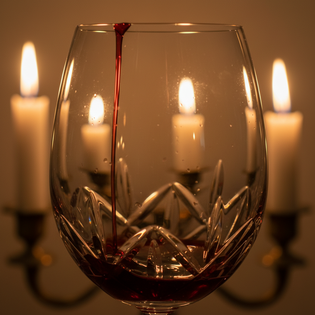 Wine being poured into crystal glass at elegant dinner table, warm candlelight, dark background