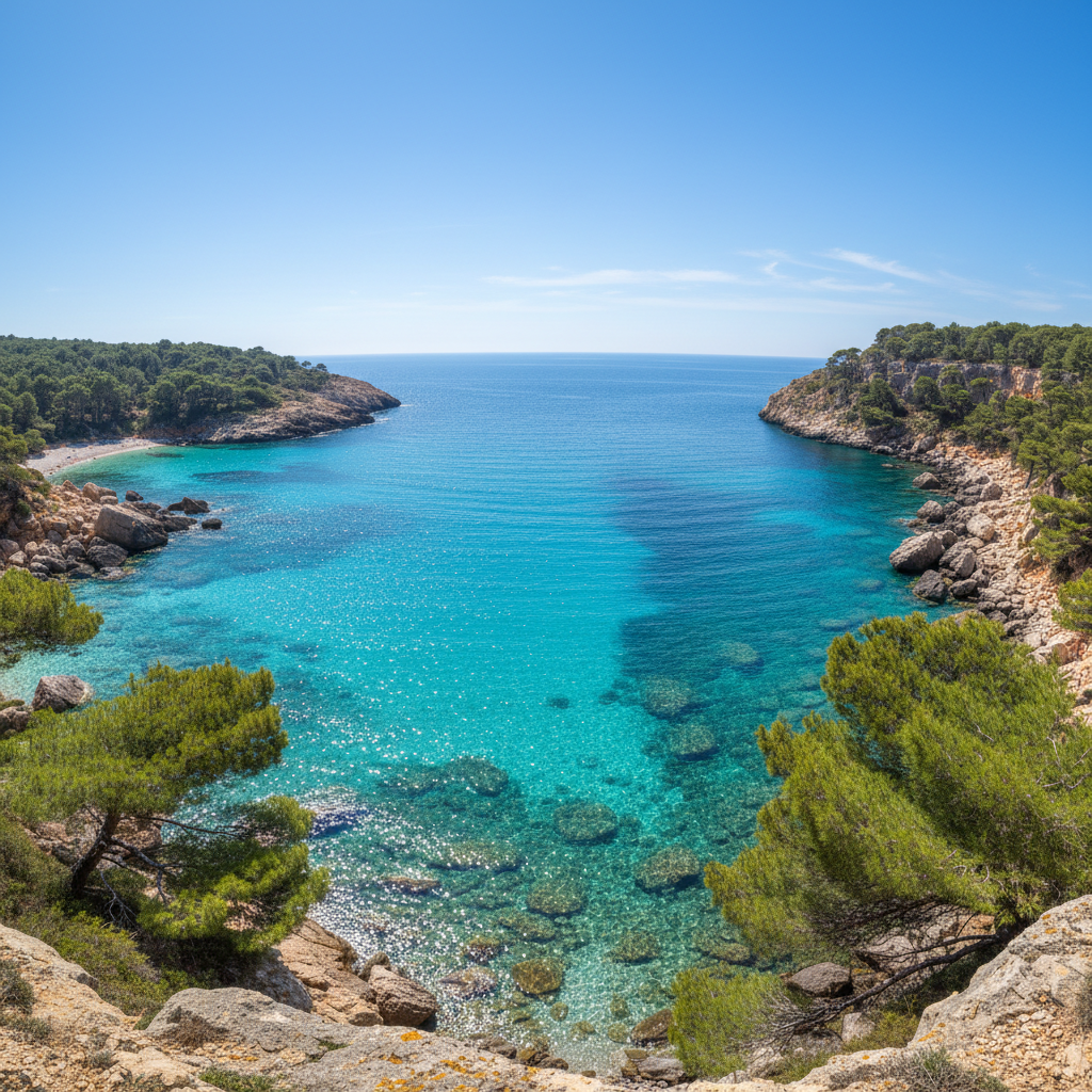 Mediterranean coastline of Cyprus with rocky cliffs, wild herbs, and turquoise sea under bright afternoon sun