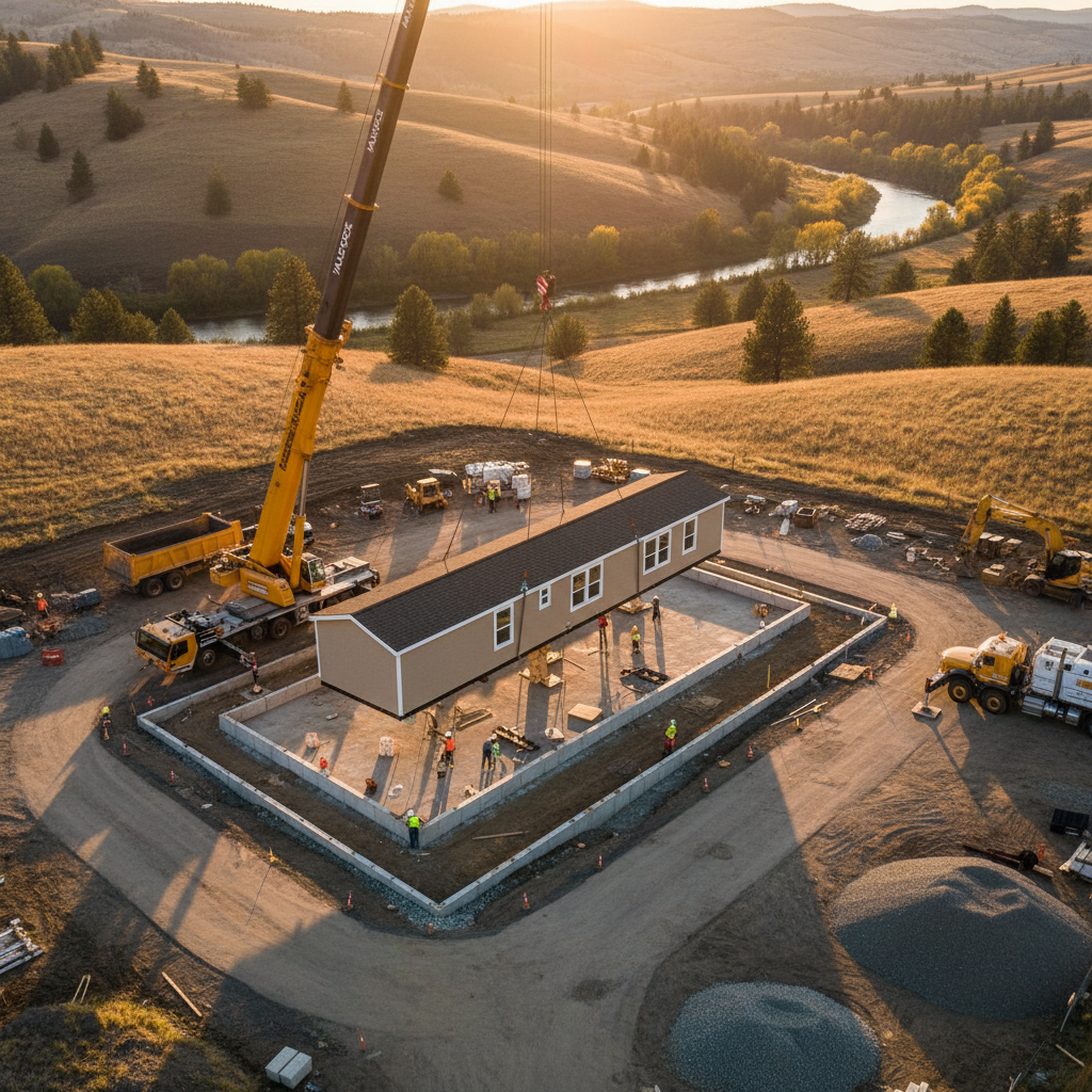 Aerial view of a manufactured home being set on its foundation at dusk