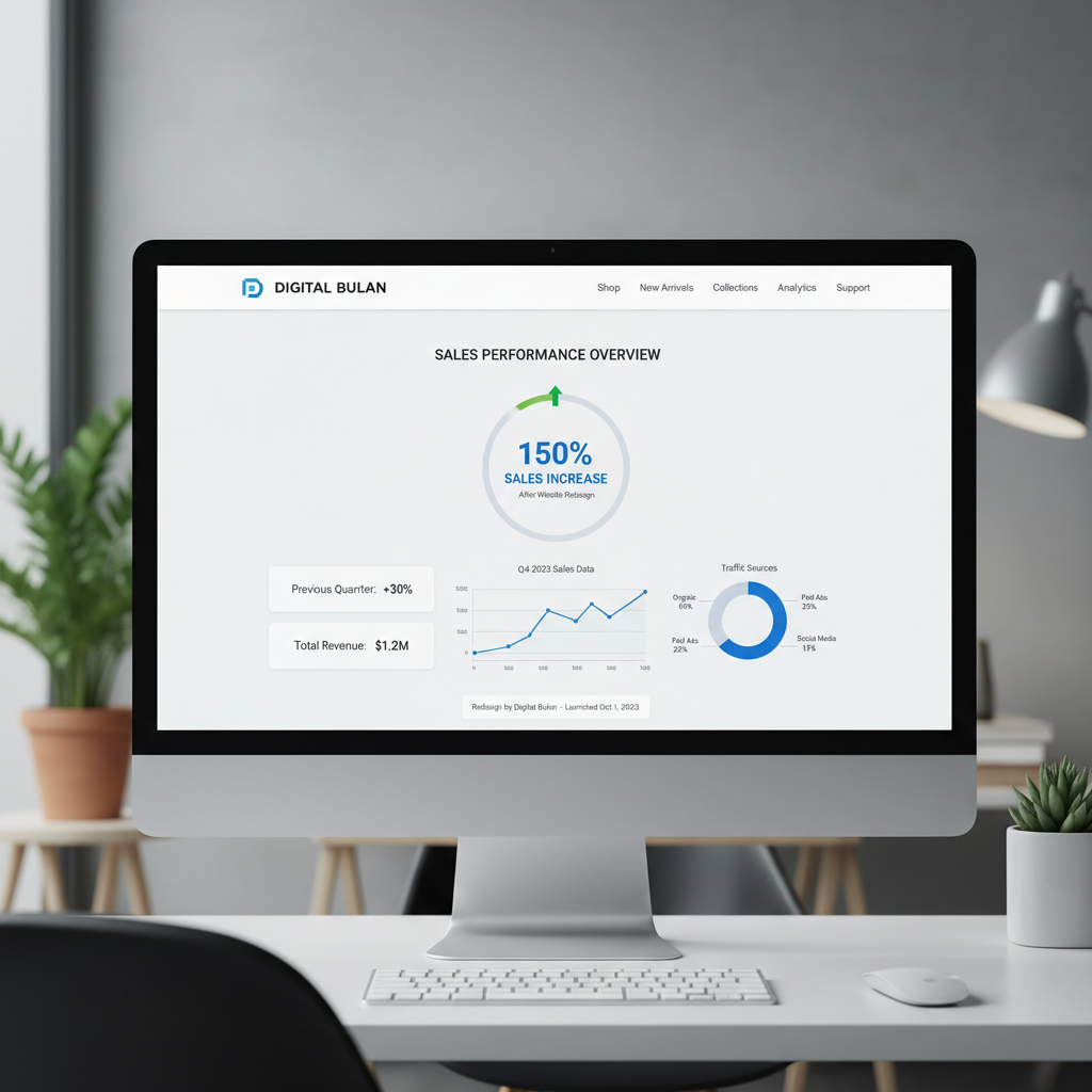 E-commerce analytics dashboard on laptop screen in bright modern office, well-lit workspace, clean and professional
