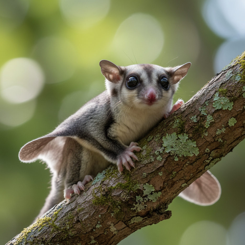 Alert sugar glider exploring a wooden branch, patagium partially extended, ears forward