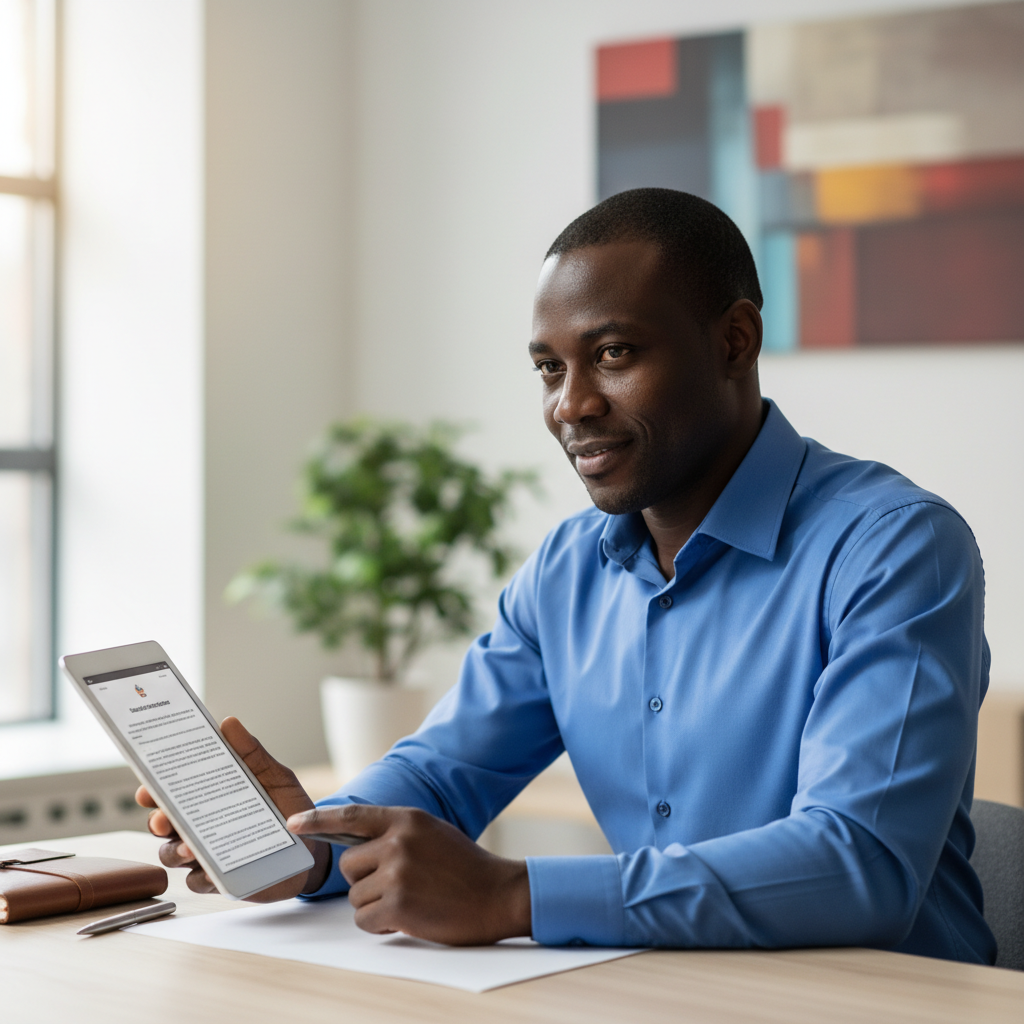 African lawyer in dark suit reviewing legal documents at a desk with court building visible through window, natural daylight, serious focused expression