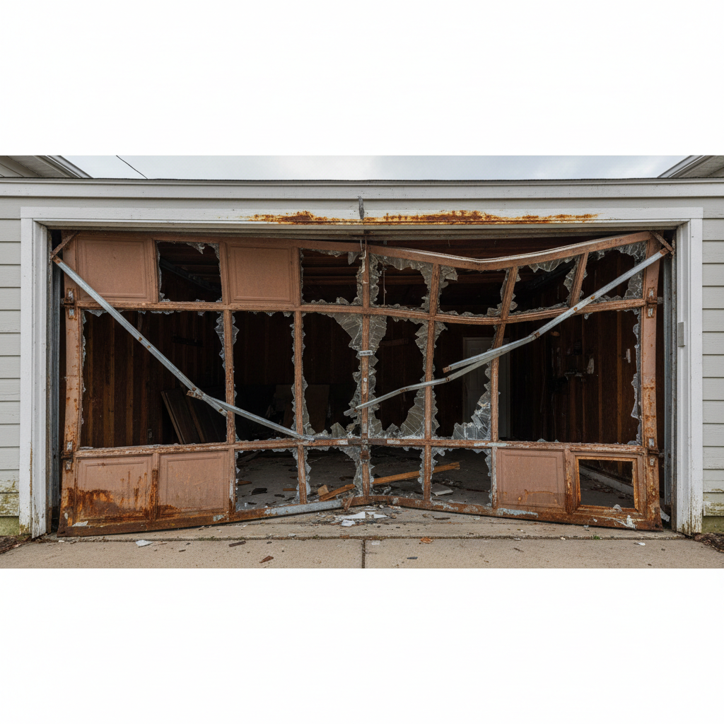 Dented single-panel garage door on a suburban ranch house before replacement