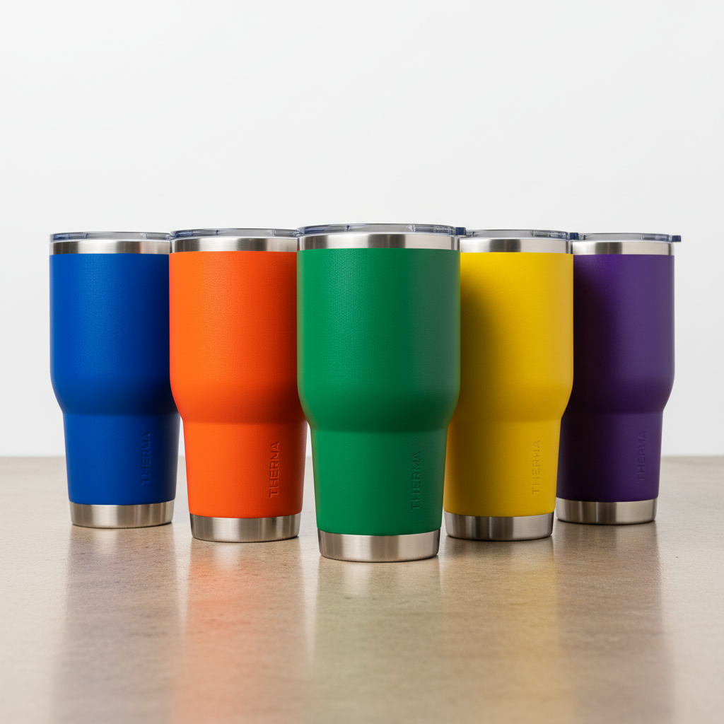 Premium insulated stainless steel tumblers with powder coat finish in bold colors