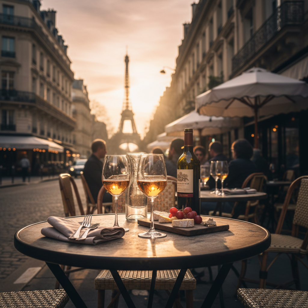Outdoor café table in Paris with wine glasses at golden hour
