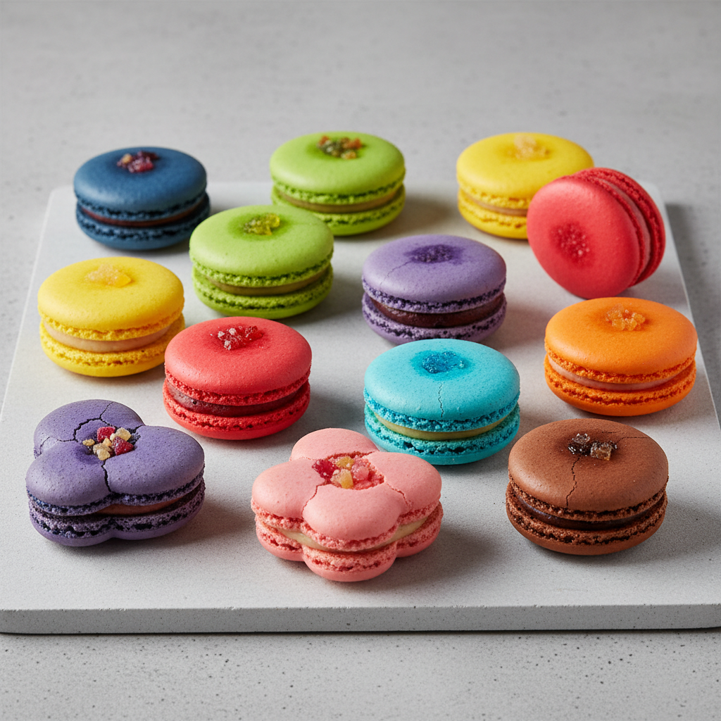 Colorful macarons in various flavors on white plate