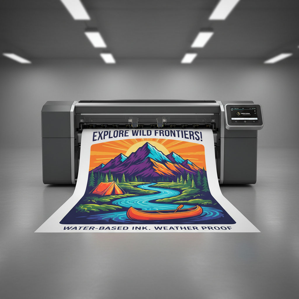 Large format printer producing wide banner with vibrant outdoor advertising graphics
