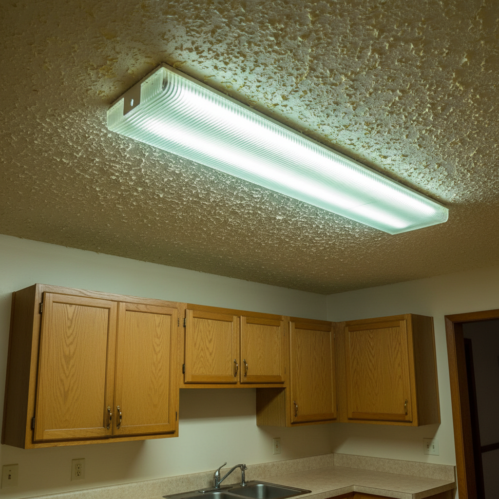 Kitchen ceiling with dated popcorn texture above cabinets, fluorescent light catching every bump