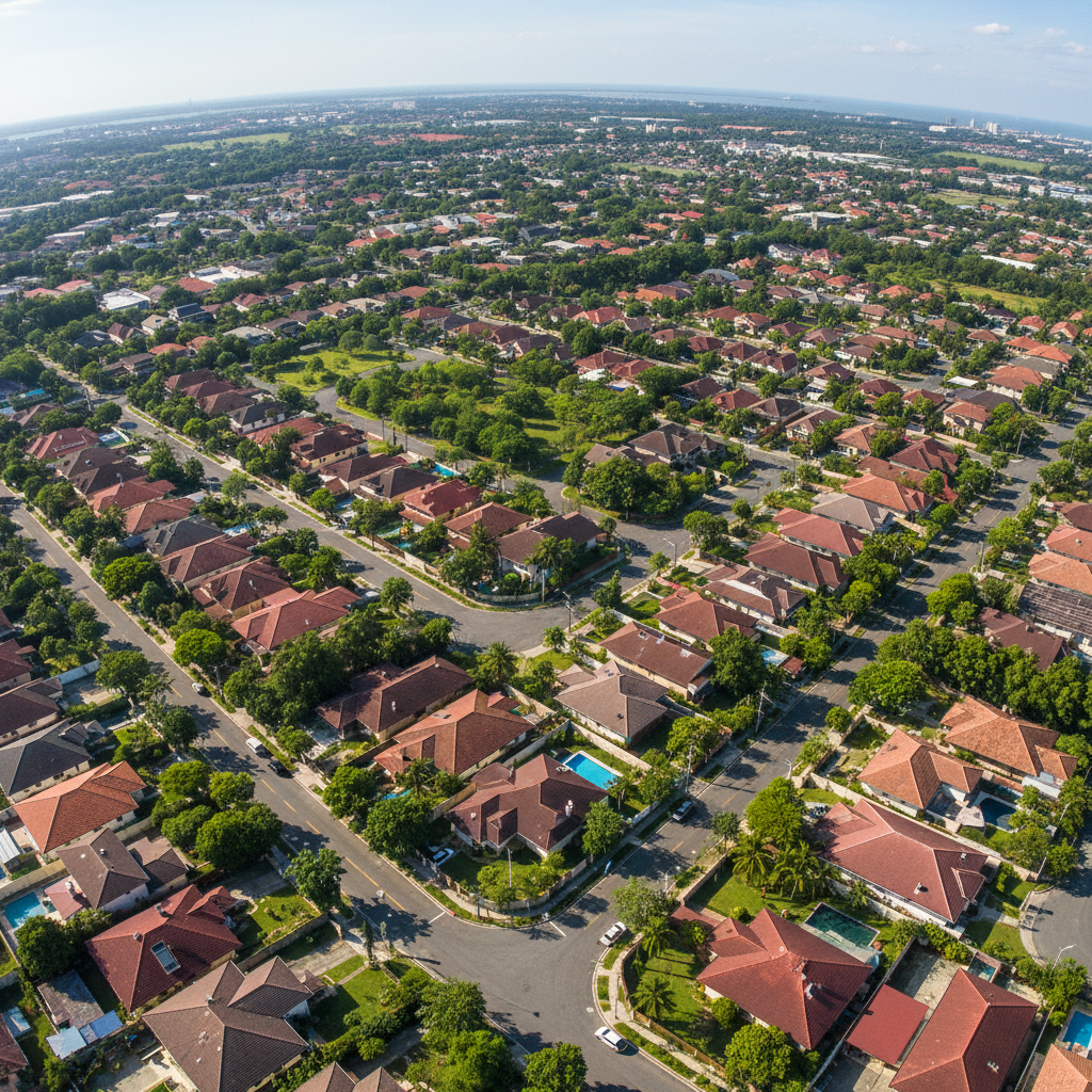 Aerial view of residential neighborhood with tree-lined streets in southern Georgia