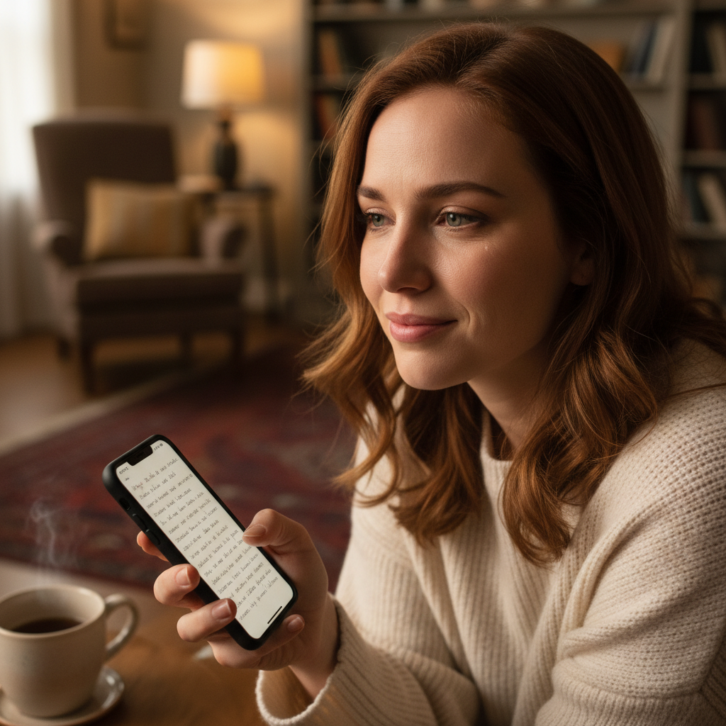 Woman reading journal entries on phone with emotional expression in cozy home setting