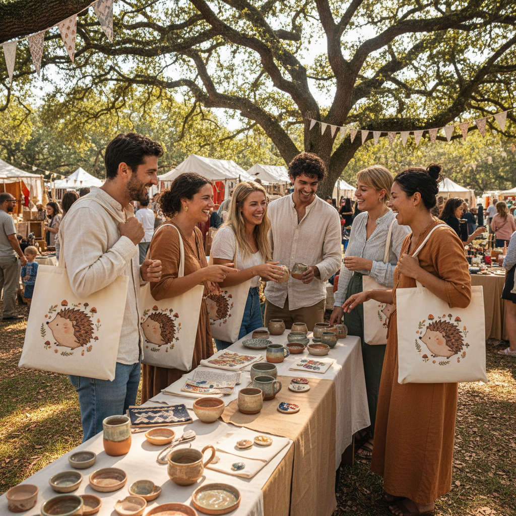Group of friends at a craft fair booth wearing matching hedgehog tote bags