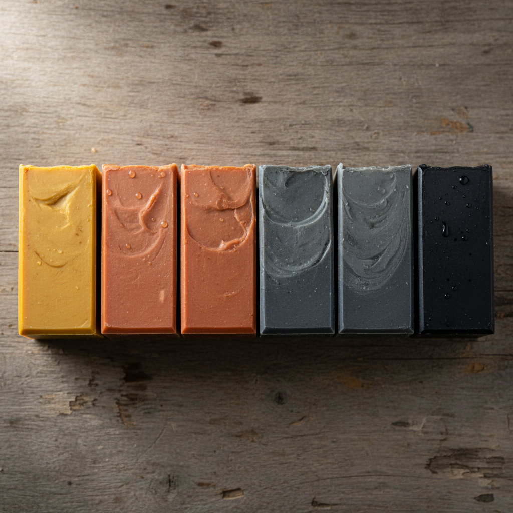 Six handcrafted soap bars arranged in gradient from turmeric gold to activated charcoal, surrounded by dried botanicals and kraft paper wholesale packing slip