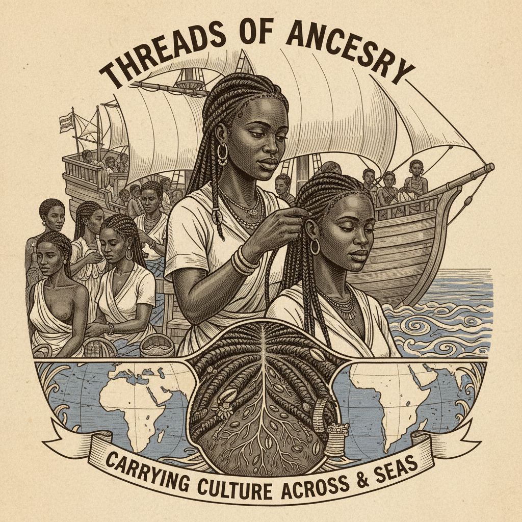 Historical illustration depicting the cultural significance of braiding during the transatlantic period