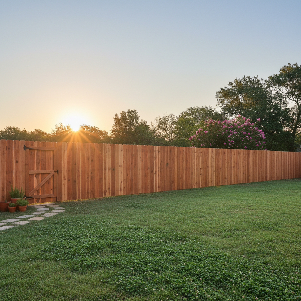 Wooden fence in Texas countryside, natural cedar color, rural setting