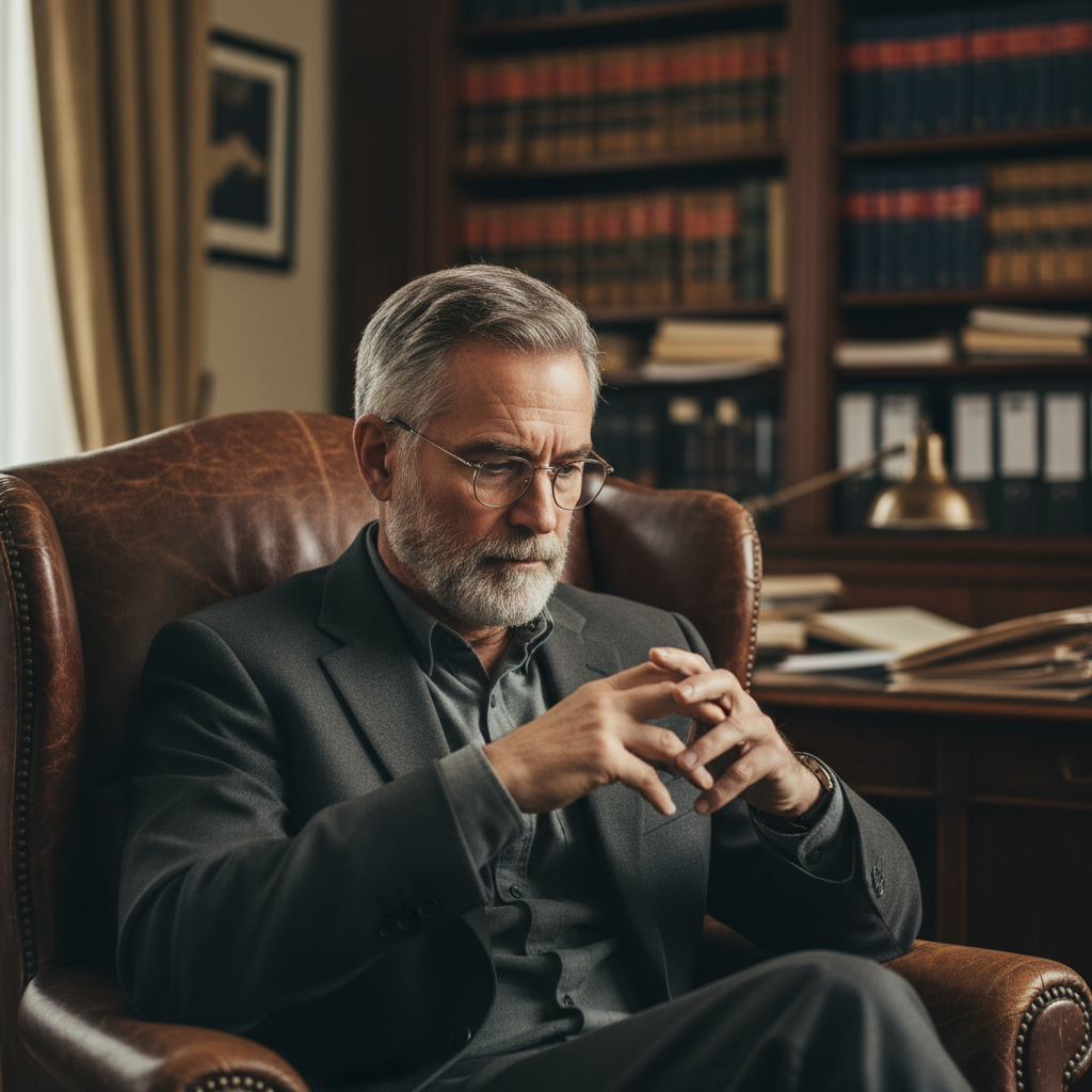 Senior litigator with reading glasses, leather chair