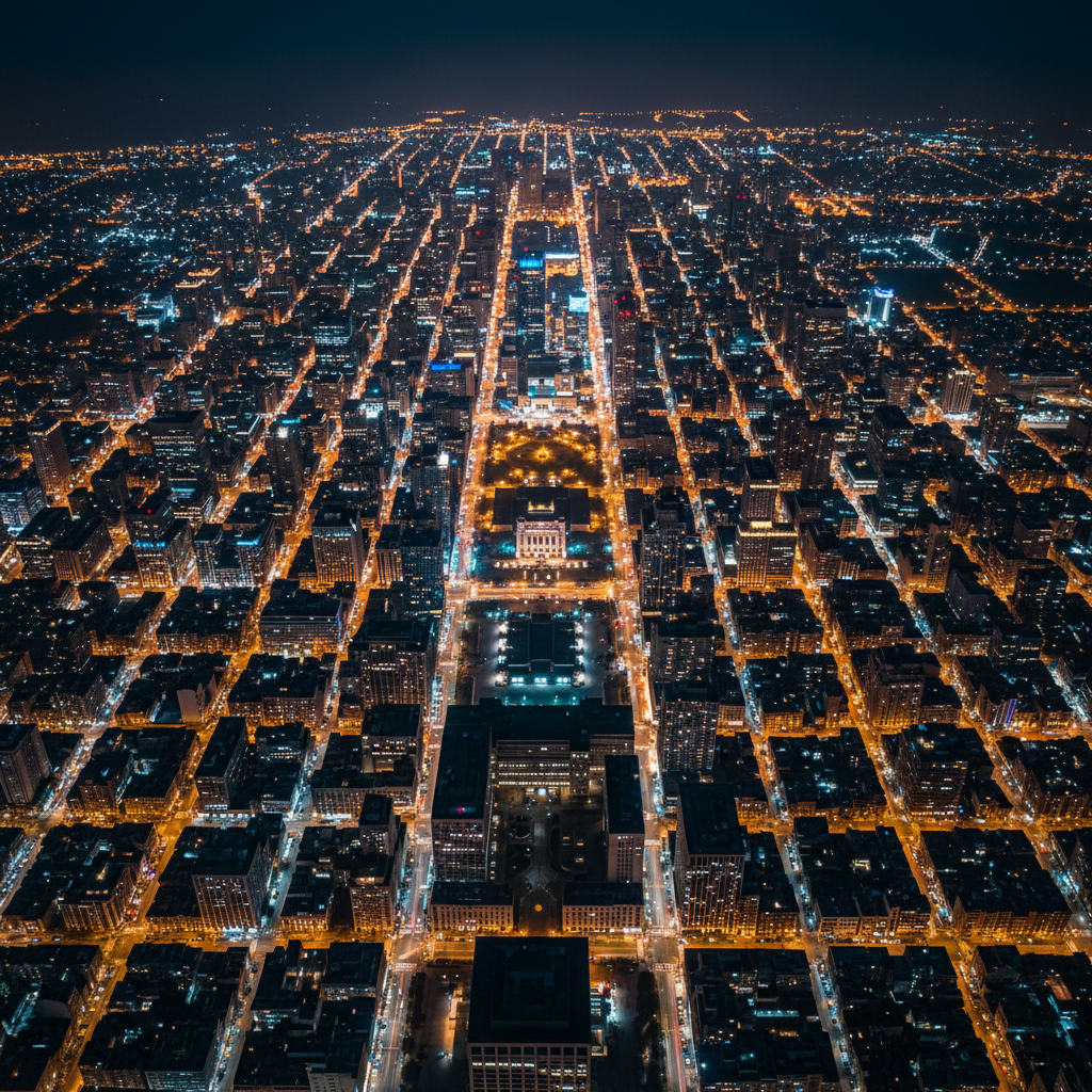 Aerial view of illuminated city at night with bright street lights and building grids creating geometric patterns on dark urban landscape