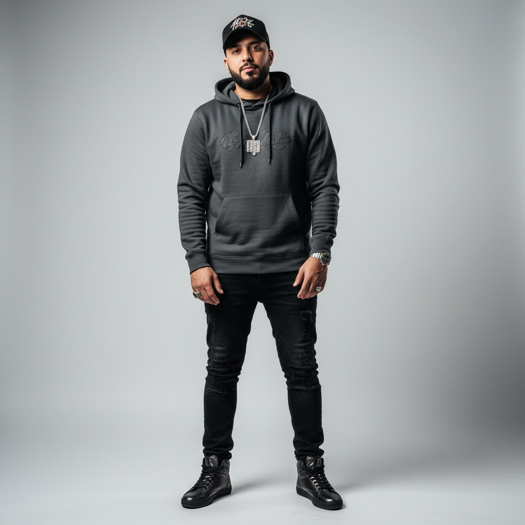 Urban male musician with cap in dark atmospheric studio, low-key moody lighting with deep shadows