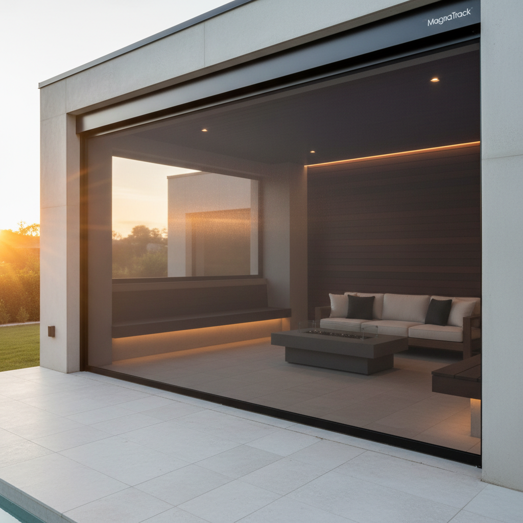 MagnaTrack motorized screen system deployed on outdoor living space, contemporary architectural setting