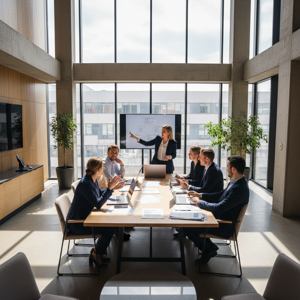 Professional woman presenting in business meeting room with colleagues
