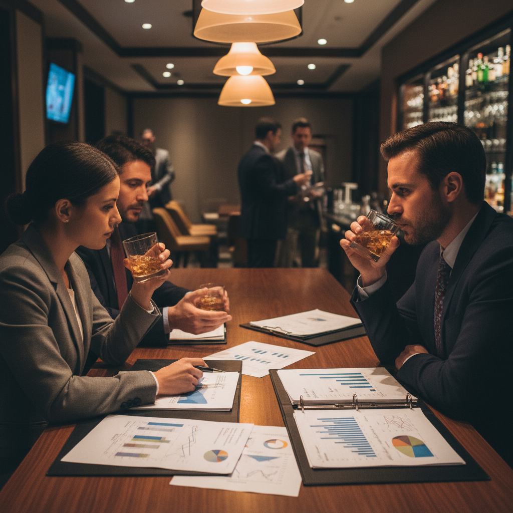 Three finance professionals in conversation at a conference bar, faces partially in shadow, leaning over drinks with papers spread on the table