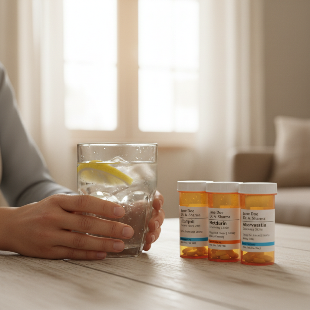 A person holding a glass of water and prescription medication bottles on a wooden table in soft light