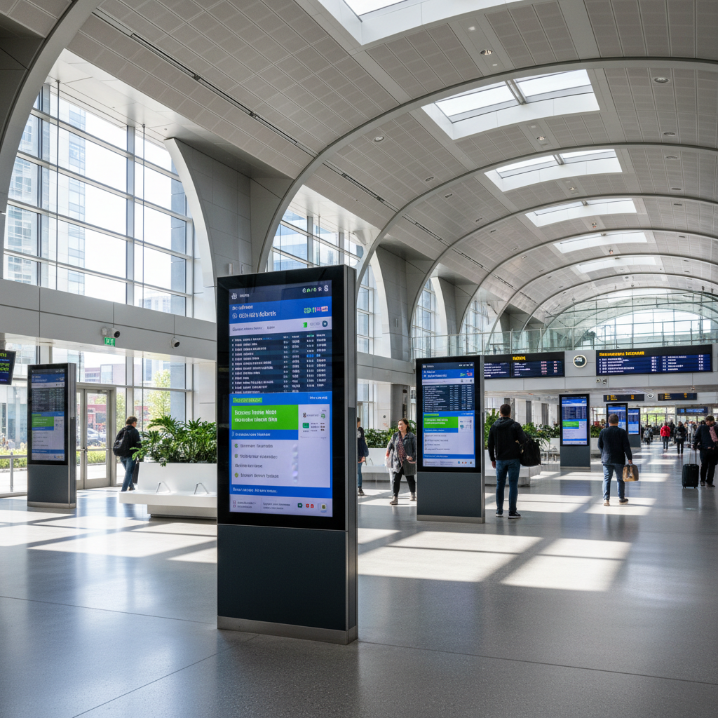 Modern transit infrastructure with digital ticketing screens at a regional station in the Tees Valley