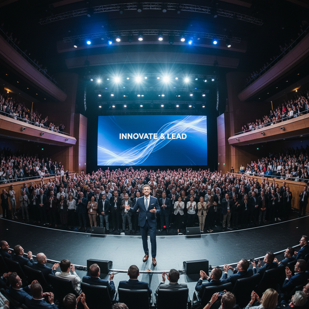 Keynote speaker on large stage, dramatic spotlights, packed auditorium
